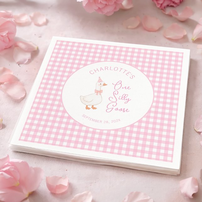 Rosa Silly Goose Gingham Rustik Första Födelsedag Pappersservett (Skapare uppladdad)