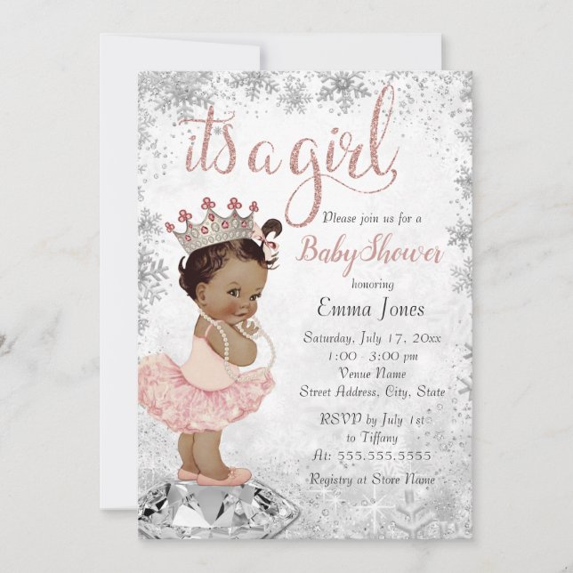 Rosa Silver African American Princess Baby Shower Inbjudningar (Framsida)
