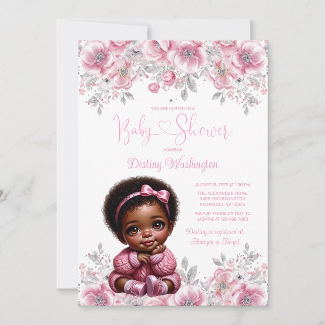 Rosa Silver Afro Flicka Tröja Baby Shower  Inbjudningar (Framsida)
