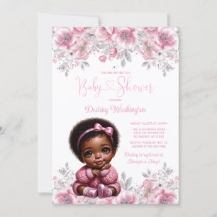 Rosa Silver Afro Flicka Tröja Baby Shower  Inbjudningar