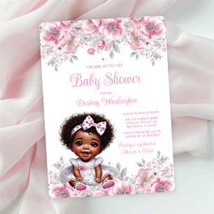 Rosa Silver Afro Flickig Bebis Baby Shower Inbjudningar