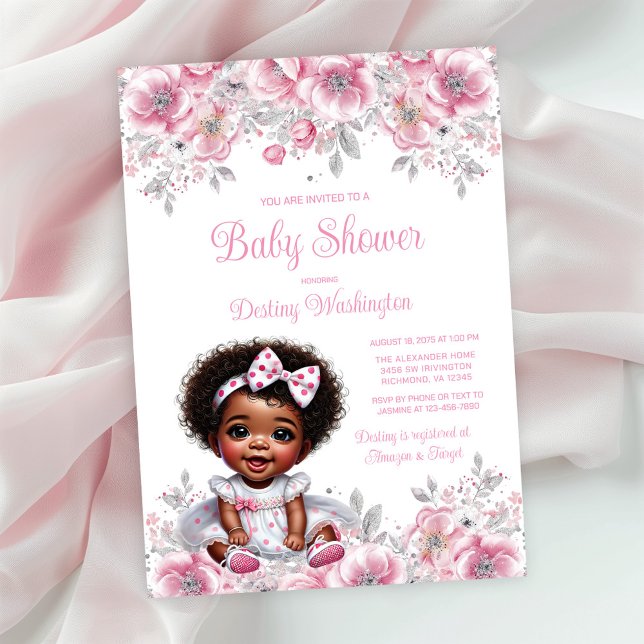 Rosa Silver Afro Flickig Bebis Baby Shower  Inbjudningar (Simply add your event details!)