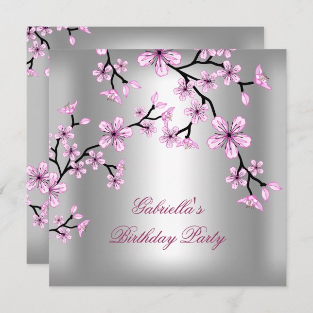 Rosa Silver Asiatiska Blommigtens Födelsedagsfest Inbjudningar (Fram/baksida)
