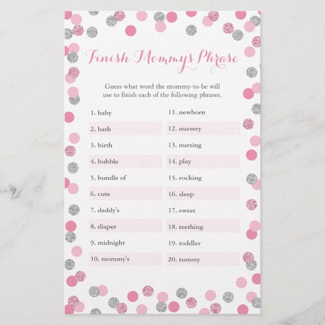 Rosa Silver Baby Shower Avslutar MammaPhrase Game (Framsida)