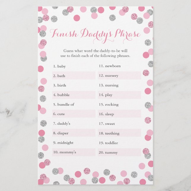 Rosa Silver Baby Shower Avslutar Pappor Phrase-spe (Framsida)
