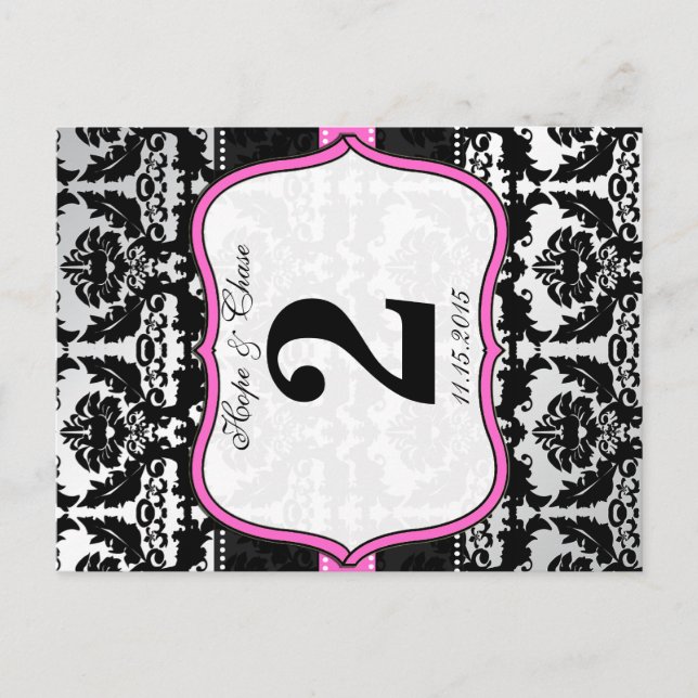 Rosa Silver & Black Damask Bordsnummer-kort Vykort (Framsida)