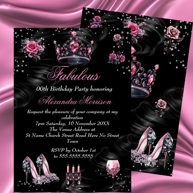Rosa Silver Black Tiara Heels födelsedag Inbjudningar (Skapare uppladdad)