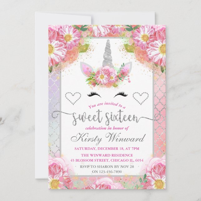Rosa & Silver Blommig Enhörningsansikte Sweet 16 Inbjudningar (Framsida)