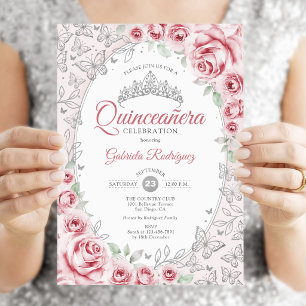 Rosa Silver Blommig Quinceanera Inbjudningar
