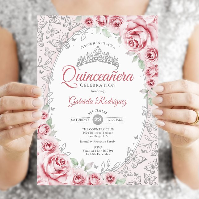 Rosa Silver Blommig Quinceanera Inbjudningar (Skapare uppladdad)