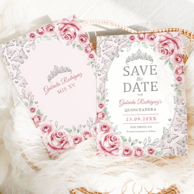 Rosa Silver Blommig Quinceanera Spara Datumet (Skapare uppladdad)