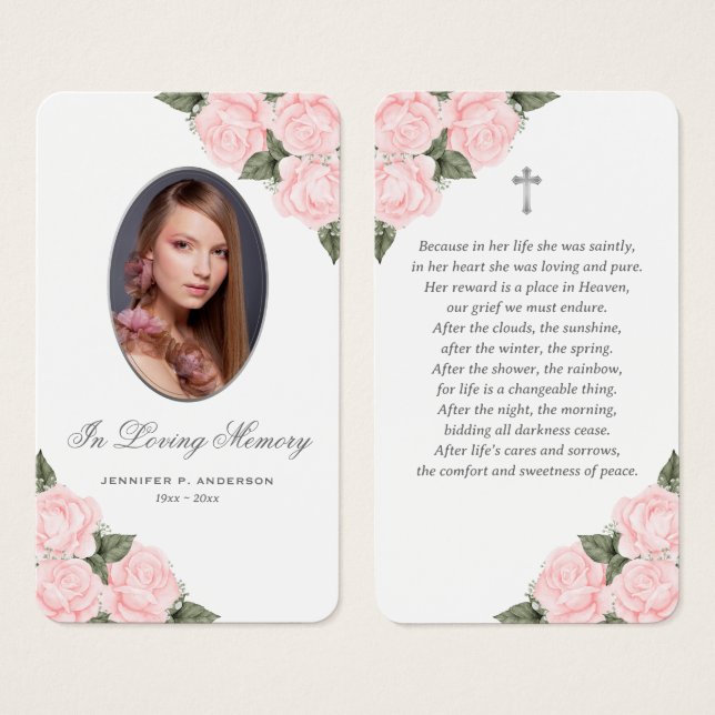 Rosa Silver Blommigt Memorial Funeral Prayer Card Visitkort (Framsida & baksida)