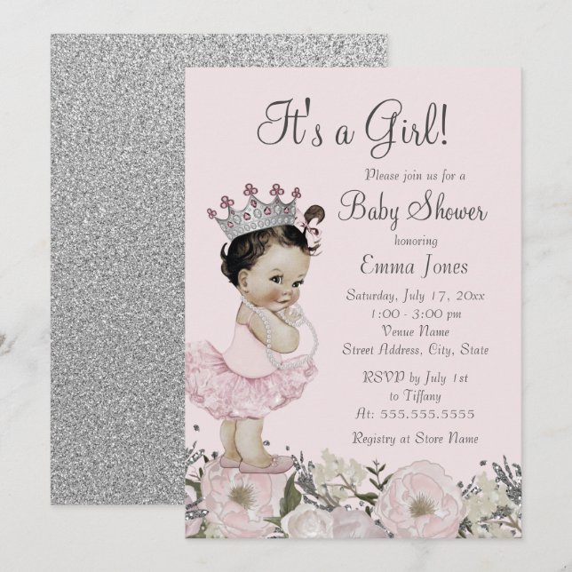 Rosa Silver Blommigt Princess Baby Shower bjudan Inbjudningar (Fram/baksida)