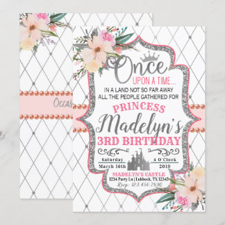 Rosa Silver Blommigt Princess Birthday bjudande Inbjudningar