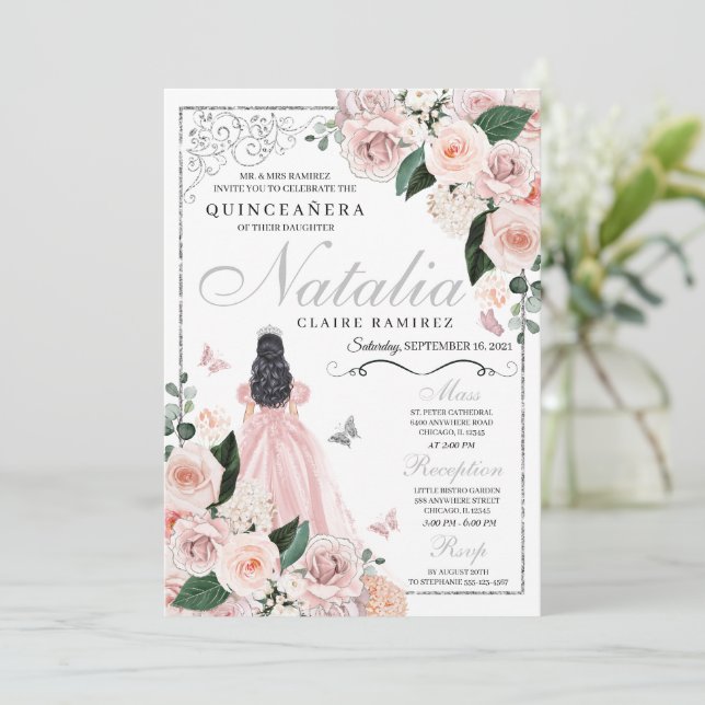  Rosa Silver Blommigt Princess Quinceanera Inbjudningar (Stående Fram)