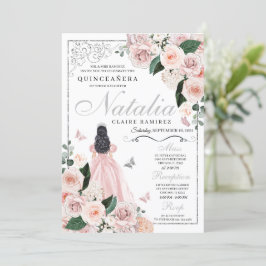  Rosa Silver Blommigt Princess Quinceanera Inbjudningar