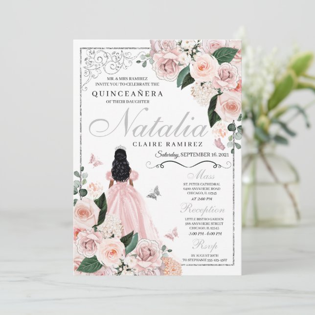  Rosa Silver Blommigt Princess Quinceanera Inbjudningar (Stående Fram)