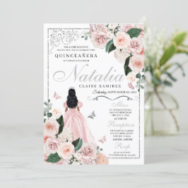  Rosa Silver Blommigt Princess Quinceanera Inbjudningar