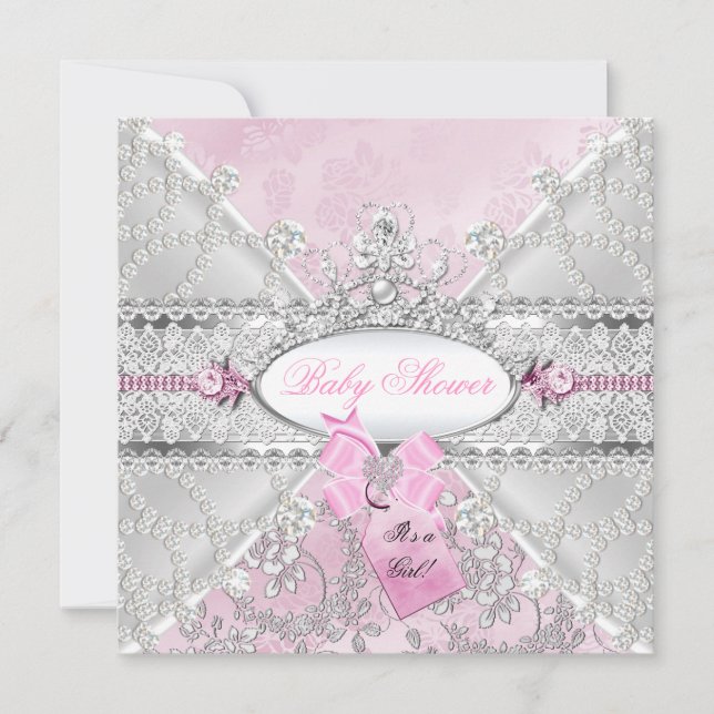 Rosa silver blomsterbåge baby shower diamanter inbjudningar (Framsida)