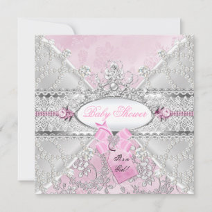 Rosa silver blomsterbåge baby shower diamanter inbjudningar
