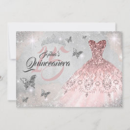 Rosa Silver Butterfly Gnistra Dress Quinceanera Inbjudningar