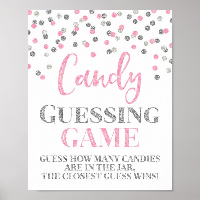 Rosa Silver Confetti Candy Guessing Game Sign Poster (Framsidan)