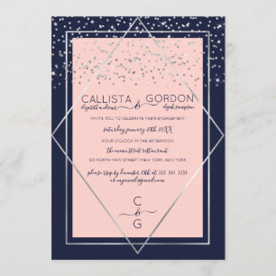 Rosa Silver Confetti Gräns Förlovning Inbjudningar