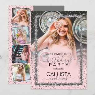 Rosa Silver Confetti Gräns Fotofödelsedag Inbjudningar