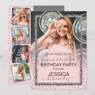 Rosa Silver Confetti Gräns Photo Quinceañera Inbjudningar