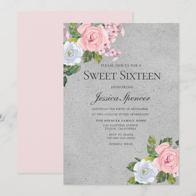 Rosa & Silver Cute Ro Sweet 16 Inbjudan (Fram/baksida)