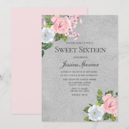 Rosa & Silver Cute Ro Sweet 16 Inbjudan