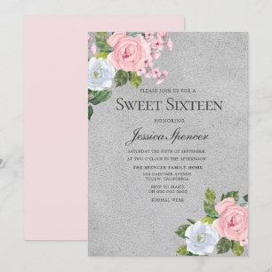 Rosa & Silver Cute Ro Sweet 16 Inbjudan
