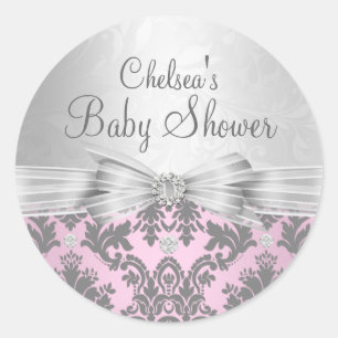 Rosa & Silver Damask Baby Shower-dekal Runt Klistermärke