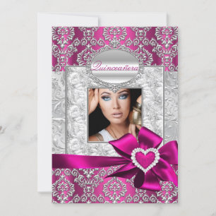 Rosa & Silver Damask Quinceanera-kort Inbjudningar