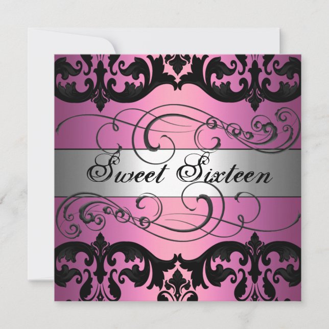 Rosa & Silver Damask Sweet 16 Födelsedagsinbjudan Inbjudningar (Framsida)