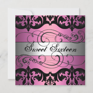 Rosa & Silver Damask Sweet 16 Födelsedagsinbjudan Inbjudningar