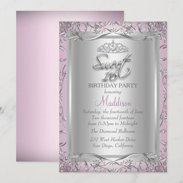 Rosa Silver Damask Tiara Sweet 16 Inbjudan (Fram/baksida)