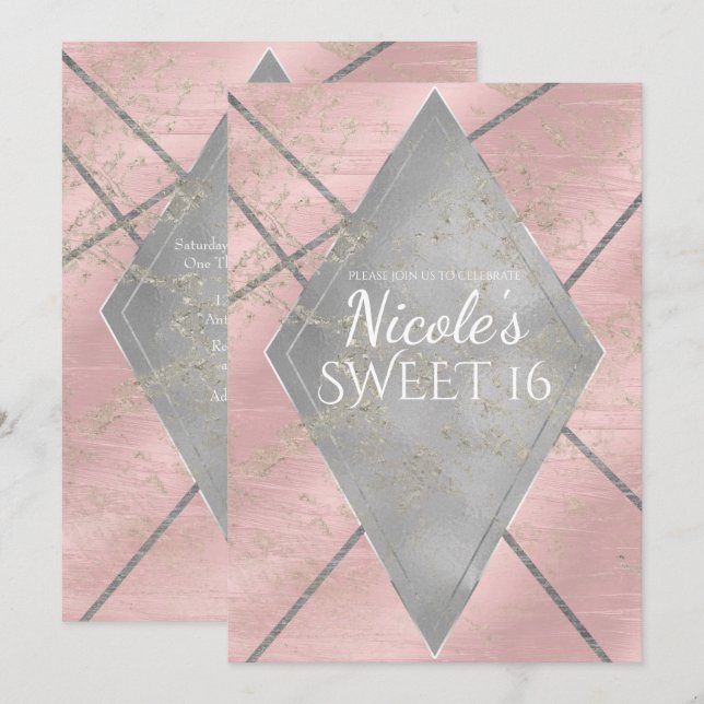 Rosa Silver Diamant Glam Sweet 16 FEST Firande Inbjudningar (Fram/baksida)