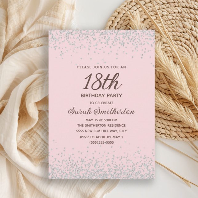 Rosa Silver Diamant Glitter 18-årsdag Inbjudningar (Elegant blush pink 18th birthday party invitation with silver glitter)
