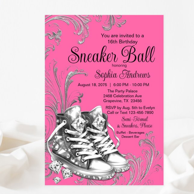 Rosa Silver Diamant Sneaker Ball  Inbjudningar (You can change all of the text, fonts, wording and background color.)