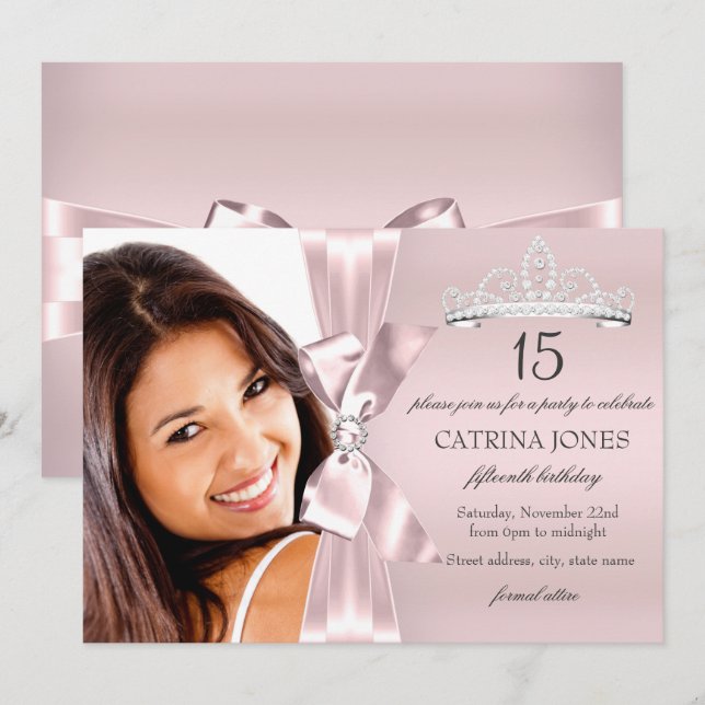 Rosa Silver Diamantbåge & Tiara Quinceanera Inbjud Inbjudningar (Fram/baksida)