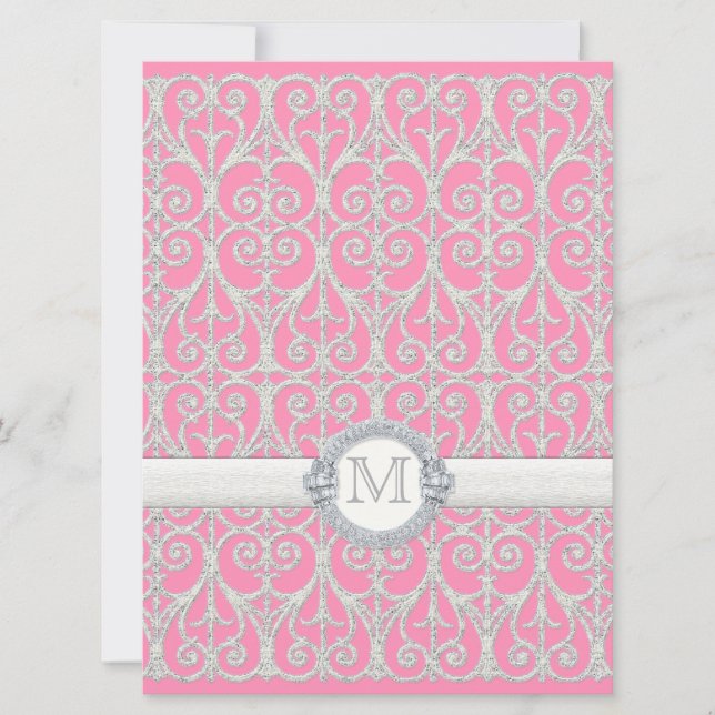 Rosa Silver, Diamanter & Spets, Monogramförsed Brö Inbjudningar (Framsida)