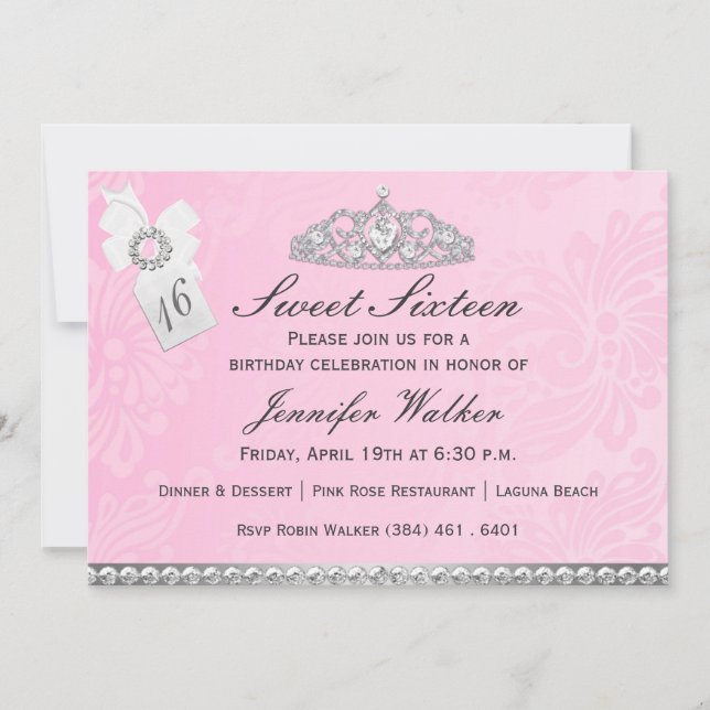 Rosa & Silver Diamanttiara Sweet Sixteen Inbjudan (Framsida)