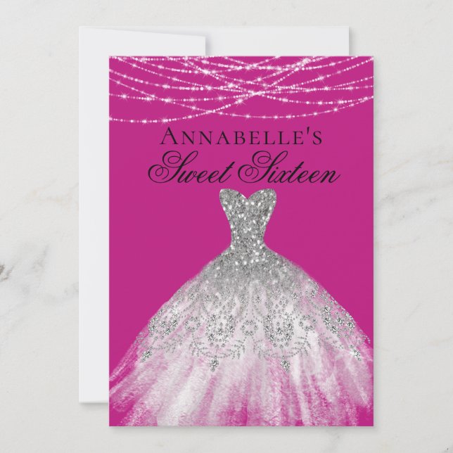 Rosa & Silver Diamond Gnistra Dress Sweet 16 Inbjudningar (Framsida)