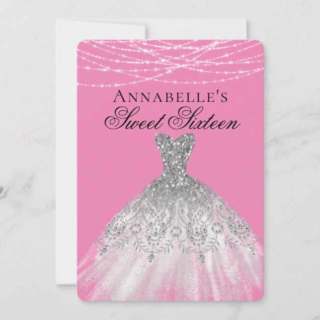 Rosa & Silver Diamond Gnistra Dress Sweet 16 Inbjudningar (Framsida)