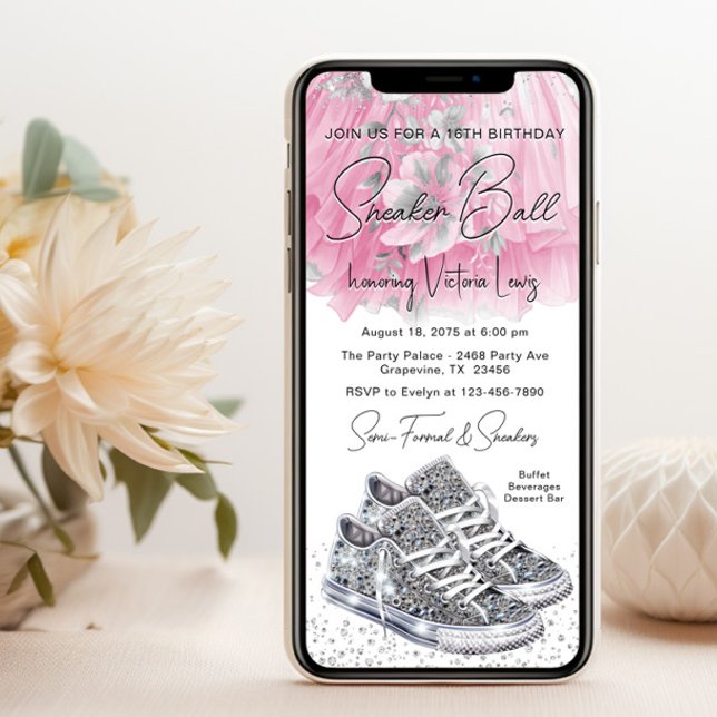 Rosa Silver Diamond Sneaker Boll Birthday Mobil Inbjudningar (You can change all of the text, fonts, wording as needed for your event.)