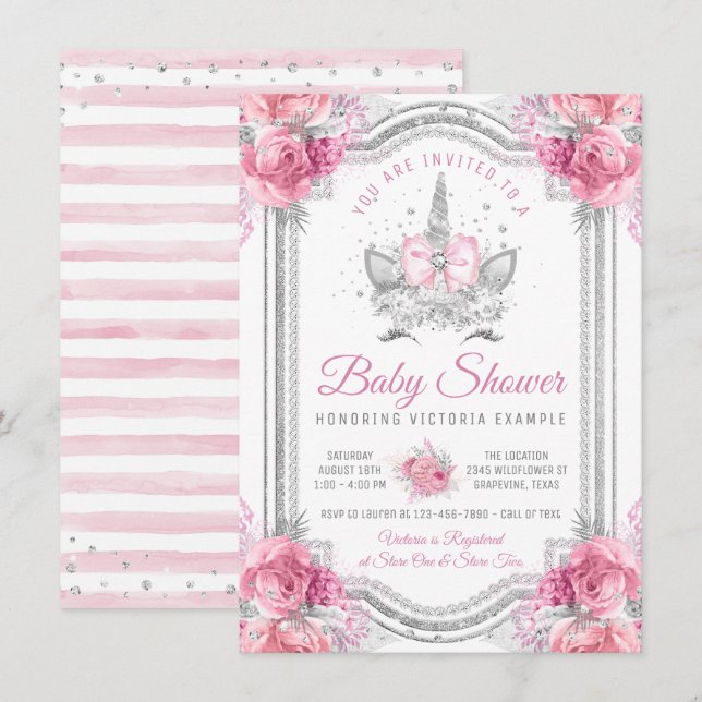 Rosa Silver Diamond Unicorn Baby Shower Inbjudningar (Fram/baksida)