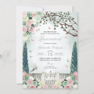 Rosa Silver Fairy Enchanted Garden Quinceanera Inbjudningar