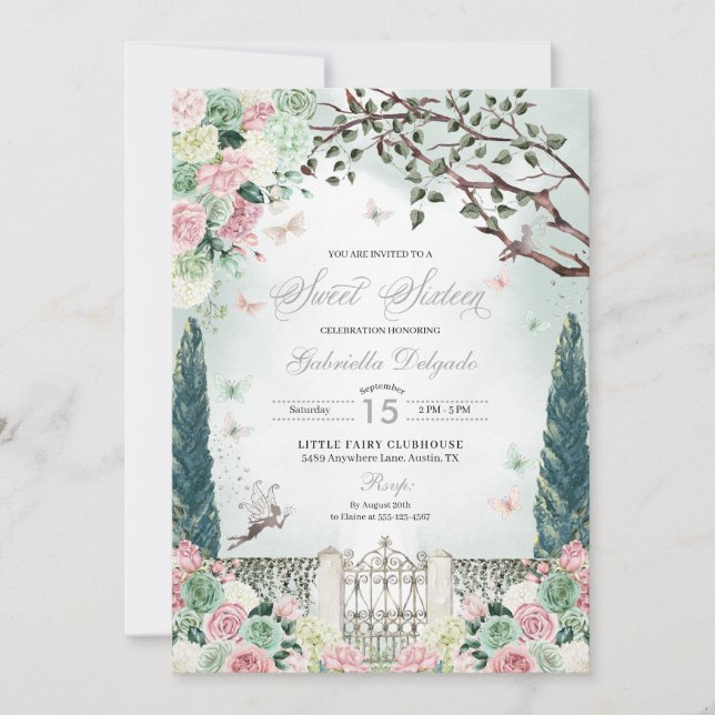 Rosa Silver Fairy Enchanted Garden Sweet 16 Inbjudningar (Framsida)