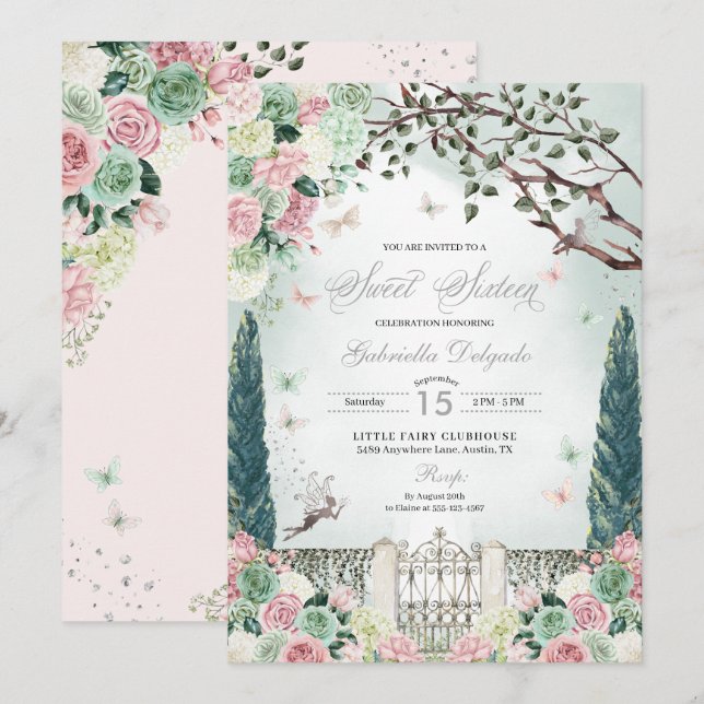 Rosa Silver Fairy Enchanted Garden Sweet 16 Inbjudningar (Fram/baksida)